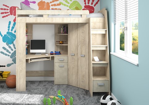 Łóżko piętrowe z biurkiem szafą narożną antresola SOLA P endgrain gr.migdał