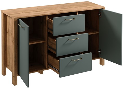meble INDYGO K2D3S komoda z szufladami drzwiami do salonu dąb wotan zieleń
