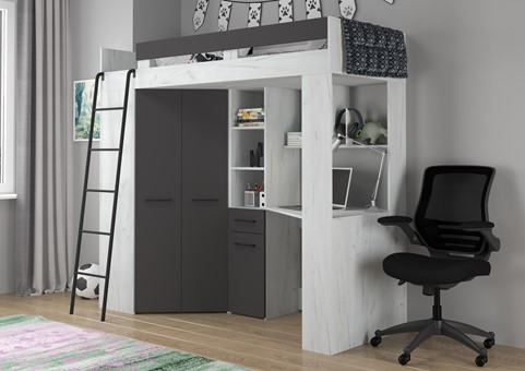 Łóżko piętrowe z biurkiem szafą narożną antresola FLO L craft biały grafit