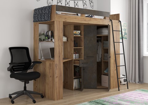 Łóżko piętrowe z biurkiem szafą narożną antresola FLO P craft złoty gr brąz