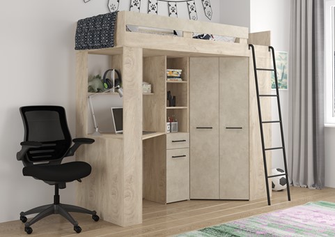 Łóżko piętrowe z biurkiem szafą narożną antresola FLO P endgrain gr. migdał