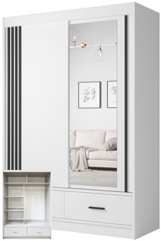 CA24-15 szafa przesuwna z szufladami lustrem lamelami do sypialni biała UCD