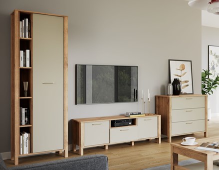 meble INDYGO #1 pokojowe regał szafka RTV komoda z szufladami dąb wotan beż