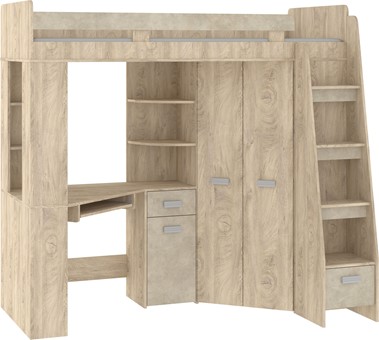 Łóżko piętrowe z biurkiem szafą narożną antresola SOLA P endgrain gr.migdał