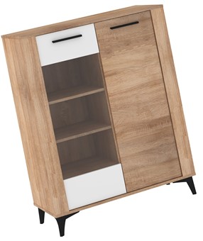 meble MIGES 14 niska witryna do salonu na nóżkach dąb sonoma biały połysk