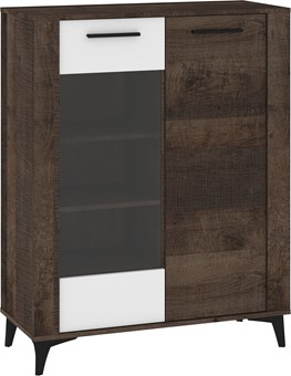 meble MIGES 14 niska witryna do salonu na nóżkach dąb grange biały połysk