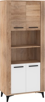 meble MIGES 09 wysoki regał z półkami drzwiami na nóżkach dąb sonoma biały
