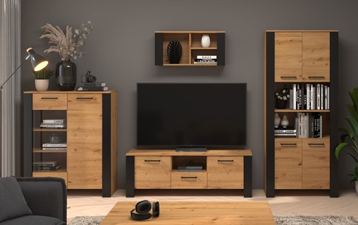 meble DELIS #1 zestaw witryna szafka RTV regał półka dąb artisan czarny