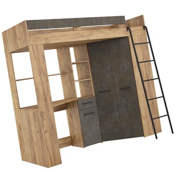 Łóżko piętrowe z biurkiem szafą narożną antresola FLO P craft złoty gr brąz