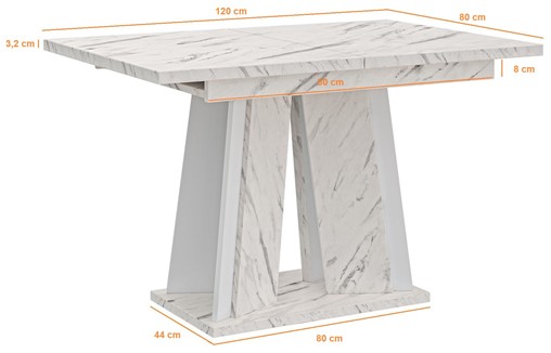DOHA nowoczesny stół rozkładany do salonu jadalni 120x80 biały marmur biały