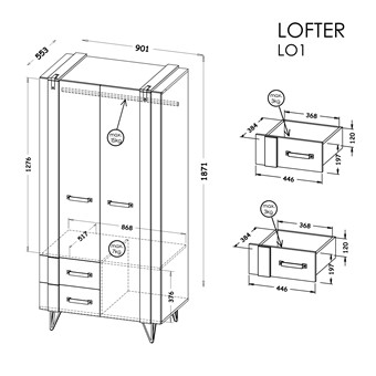 meble LOFTER 01 szafa z szufladami loft do przedpokoju dąb wotan / beton