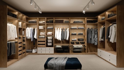 meble COMBO #4 duża narożna zabudowa garderoby szafa z koszami półkami LED