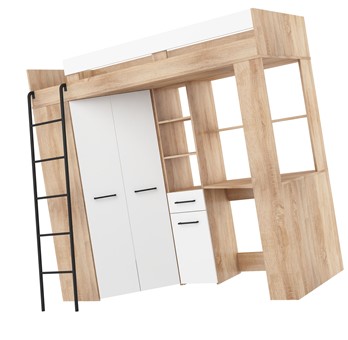 Łóżko piętrowe z biurkiem szafą narożną antresola FLO L dąb sonoma biały