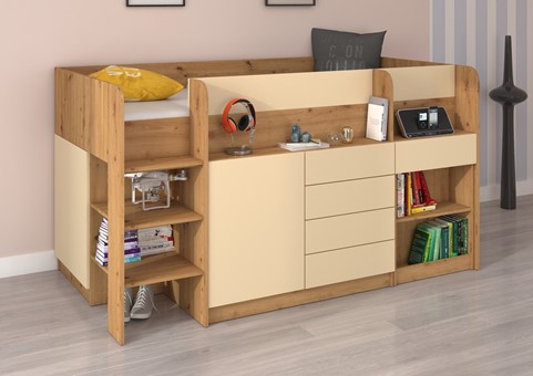 Łóżko piętrowe biurko komoda z szufladami antresola EMI L dąb artisan krem
