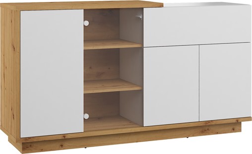 meble BRITA 08 witryna komoda z szufladą do salonu dąb artisan biały połysk