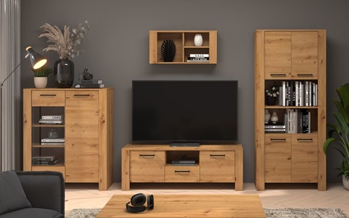 meble DELIS #1 zestaw witryna szafka RTV regał półka dąb artisan