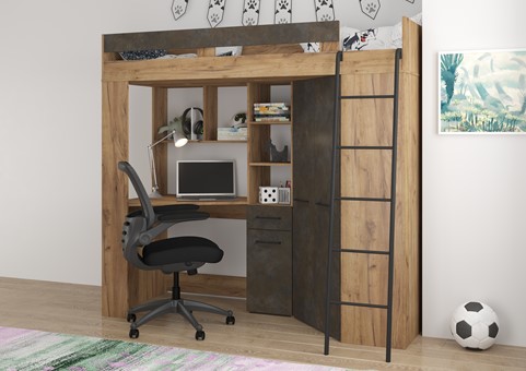 Łóżko piętrowe z biurkiem szafą narożną antresola FLO P craft złoty gr brąz