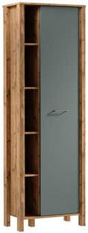 meble INDYGO R1D wąski regał z półkami drzwiami zamknięty dąb wotan zieleń