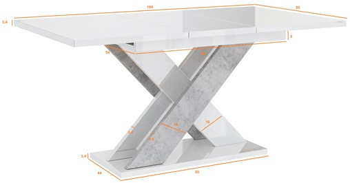 XAO nowoczesny stół rozkładany do salonu 120/160x90 K350 biały połysk beton