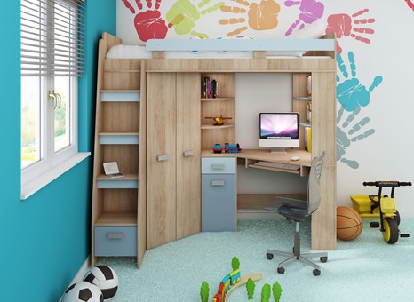 Łóżko piętrowe z biurkiem szafą narożną antresola SOLA L dąb sonoma błękit