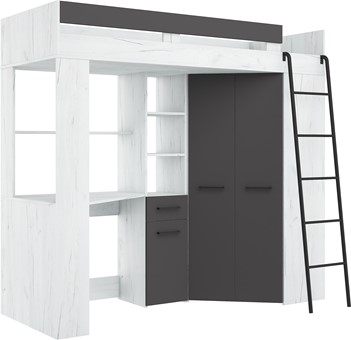 Łóżko piętrowe z biurkiem szafą narożną antresola FLO P craft biały grafit