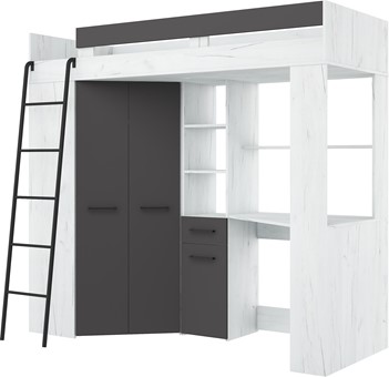 Łóżko piętrowe z biurkiem szafą narożną antresola FLO L craft biały grafit