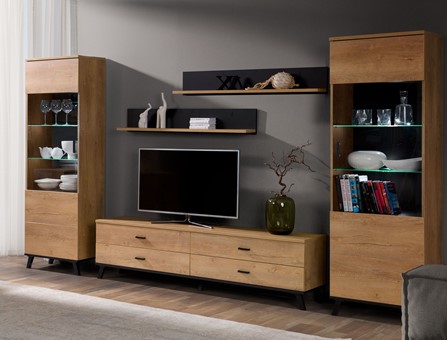 meble JOHN 2 #2 meblościanka witryna szafka RTV półka wisząca dąb lefkas