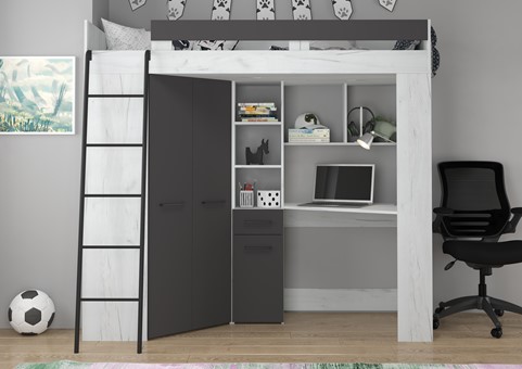 Łóżko piętrowe z biurkiem szafą narożną antresola FLO L craft biały grafit