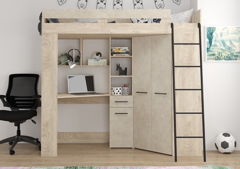 Łóżko piętrowe z biurkiem szafą narożną antresola FLO P endgrain gr. migdał