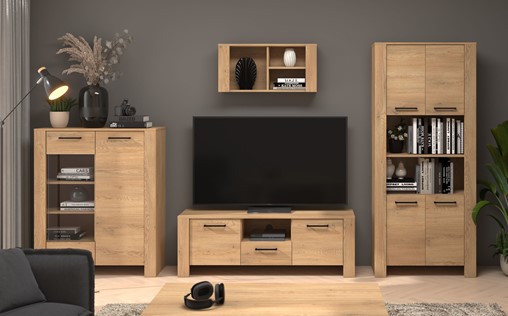 meble DELIS #1 zestaw witryna szafka RTV regał półka dąb cremona