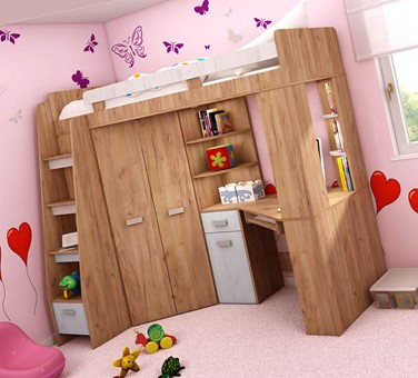 Łóżko piętrowe z biurkiem szafą narożną antresola SOLA L craft złoty biały