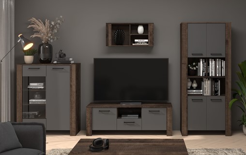 meble DELIS #1 zestaw witryna szafka RTV regał półka dąb grange grafit