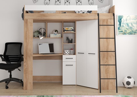 Łóżko piętrowe z biurkiem szafą narożną antresola FLO P dąb sonoma biały