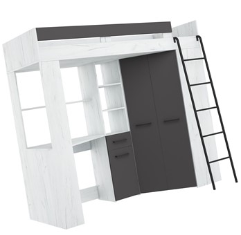 Łóżko piętrowe z biurkiem szafą narożną antresola FLO P craft biały grafit