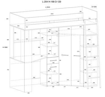 Łóżko piętrowe z biurkiem szafą narożną antresola FLO P dąb cremona beton