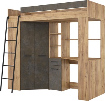 Łóżko piętrowe z biurkiem szafą narożną antresola FLO L craft złoty gr brąz