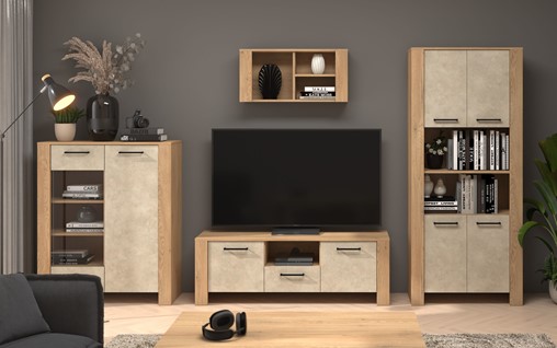 meble DELIS #1 zestaw witryna szafka RTV regał półka dąb cremona gr migdał