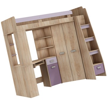 Łóżko piętrowe z biurkiem szafą narożną antresola SOLA P dąb sonoma fiolet