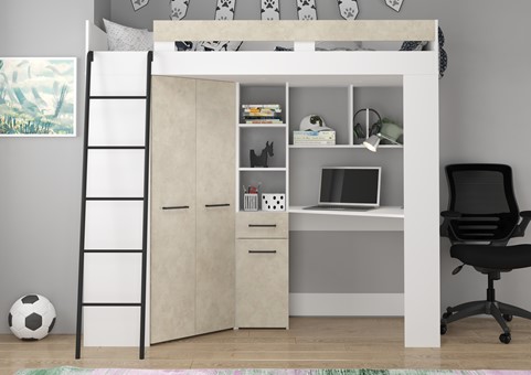 Łóżko piętrowe z biurkiem szafą narożną antresola FLO L biały gran. migdał