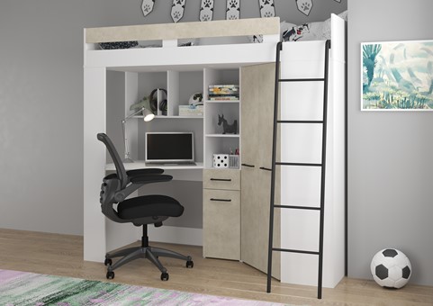 Łóżko piętrowe z biurkiem szafą narożną antresola FLO P biały gran. migdał