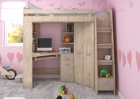 Łóżko piętrowe z biurkiem szafą narożną antresola SOLA P endgrain gr.migdał