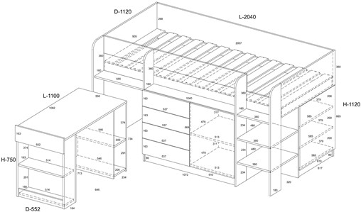 Łóżko piętrowe biurko komoda z szufladami antresola EMI P craft biały grafi