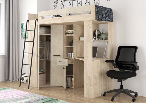 Łóżko piętrowe z biurkiem szafą narożną antresola FLO L endgrain gr. migdał