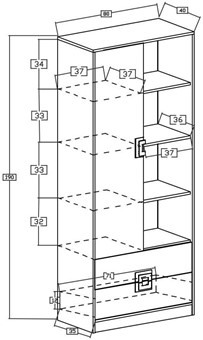 meble NICO 04 regał na książki zabawki z półkami szufladami dąb biały popie