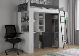 Łóżko piętrowe z biurkiem szafą narożną antresola FLO P craft biały grafit