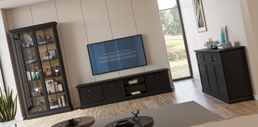 meble LUCCA #2 pokojowe witryna szafka RTV komoda czarny grafit dąb craft