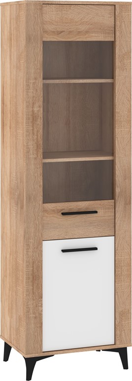 meble MIGES 15 wysoka witryna do salonu na nóżkach dąb sonoma biały połysk