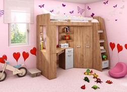 Łóżko piętrowe z biurkiem szafą narożną antresola SOLA P craft złoty biały