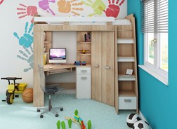 Łóżko piętrowe z biurkiem szafą narożną antresola SOLA P dąb sonoma biały