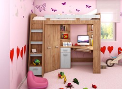 Łóżko piętrowe z biurkiem szafą narożną antresola SOLA L craft złoty biały